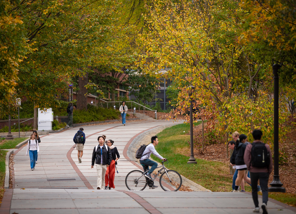 Image of students walking on a pathway on campus during Fall