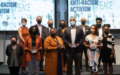 2021 Diversity Champion Awards honorees pose with Ervin and Keona Lewis, director of Institute Diversity Research, IDEI, and chair of this year's Diversity Champion Awards review committee.