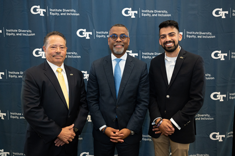 Eddie Glaude Jr. poses with Archie Ervin, Ph.D., vice president of Institute Diversity, Equity, and Inclusion and Rohan Sohani, SGA President.