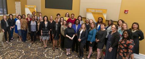 Past and current Leading Women@Tech participants pose during the fourth-year kickoff session. More than 60 women have completed the program since its 2016 inception.